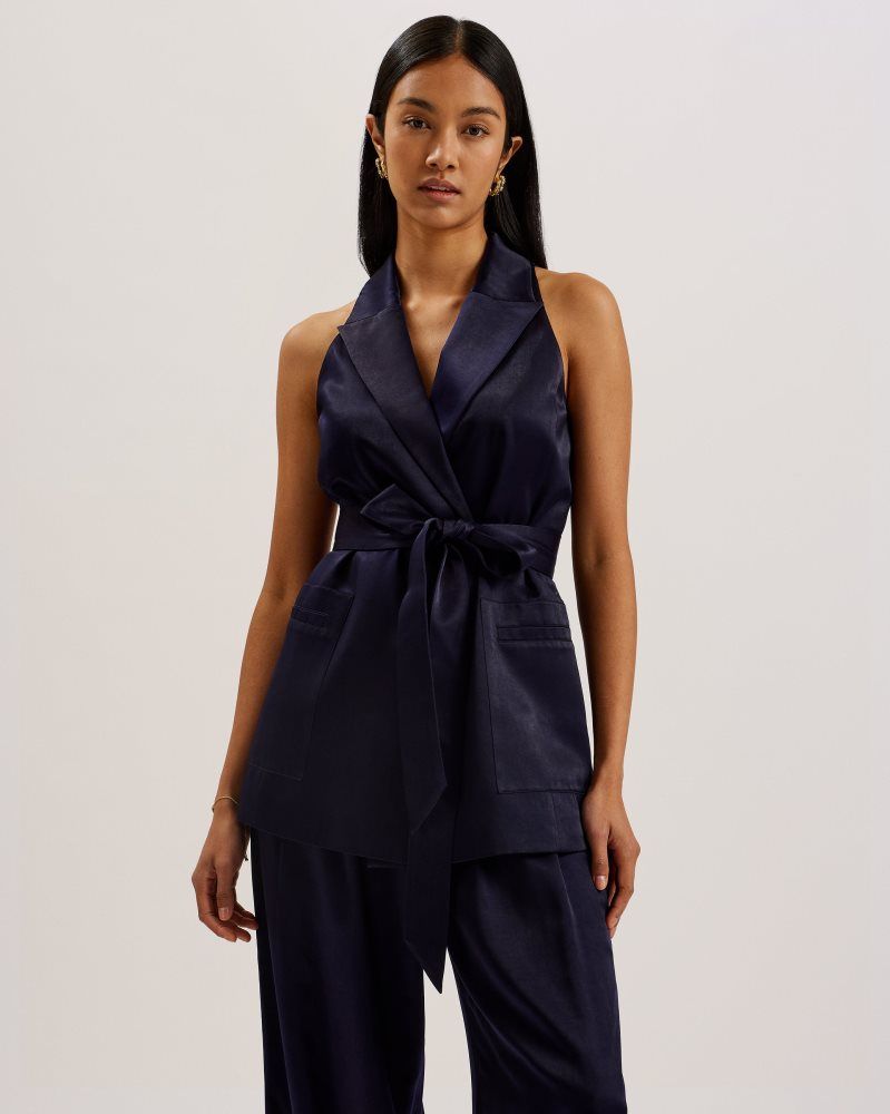 Ted Baker Teeru - Tailored Satin Longline Vest With Belt T-shirts Damen Navy | 452089-CGL