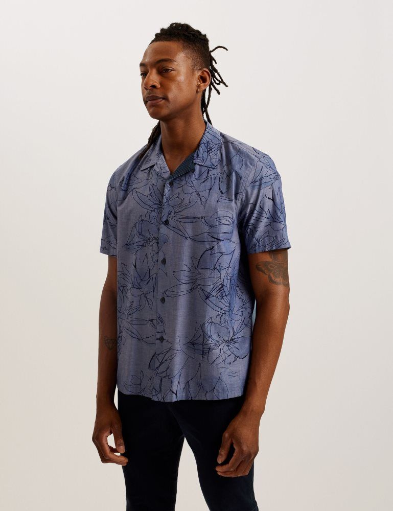 Ted Baker Terroni - Short Sleeve Floral Chambray Cotton Shirt Hemd Herren Blau | 459017-EAG