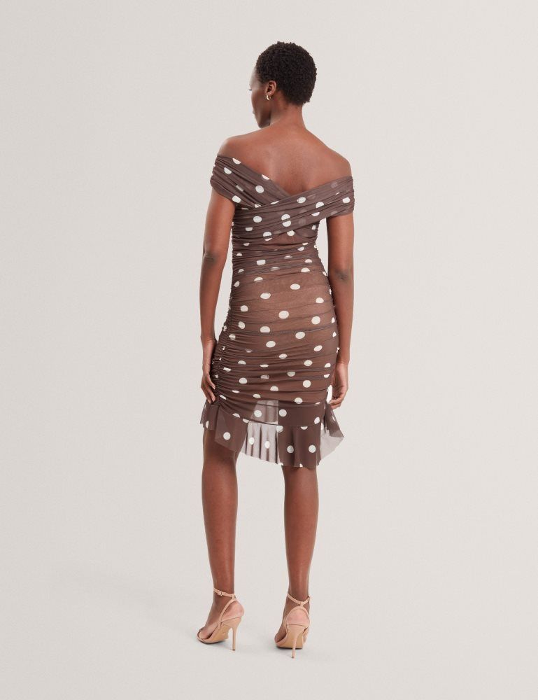 Ted Baker Tildahh - Off-shoulder Polka Dot Mesh Mini Dress Kleid Damen Braun | 364152-JEG