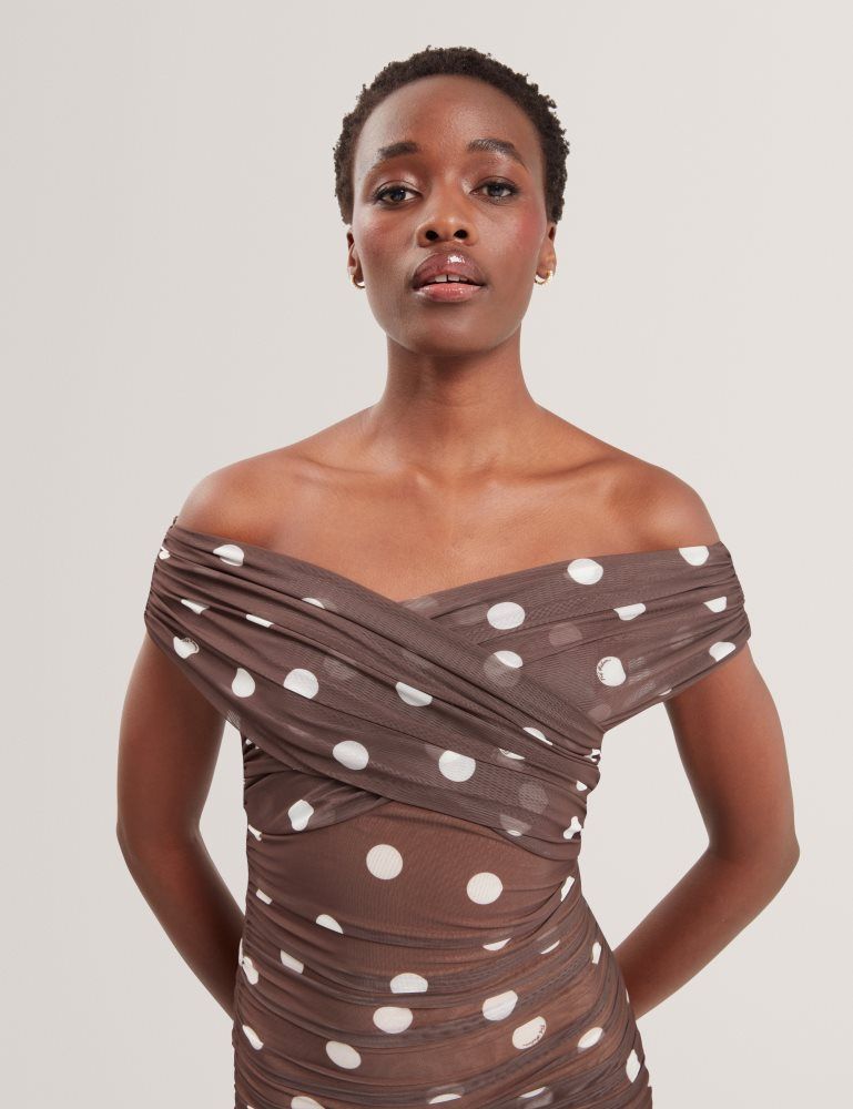 Ted Baker Tildahh - Off-shoulder Polka Dot Mesh Mini Dress Kleid Damen Braun | 364152-JEG