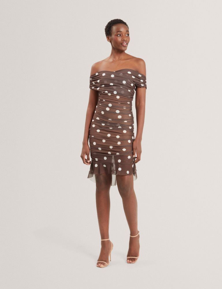 Ted Baker Tildahh - Off-shoulder Polka Dot Mesh Mini Dress Kleid Damen Braun | 364152-JEG