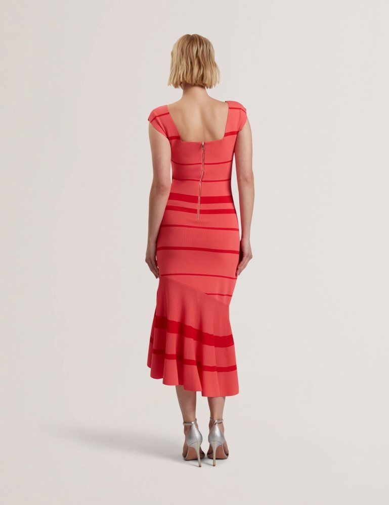 Ted Baker Tilleea - Striped Square Neck Flippy Midi Dress Kleid Damen Koralle | 239670-AEN