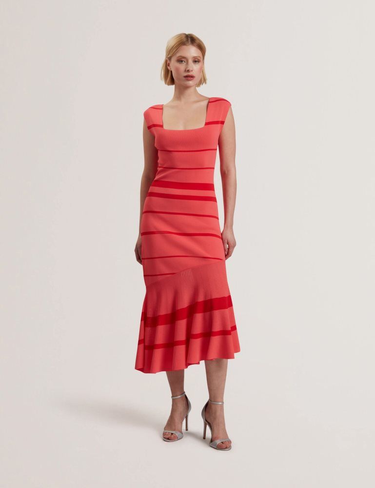 Ted Baker Tilleea - Striped Square Neck Flippy Midi Dress Kleid Damen Koralle | 239670-AEN