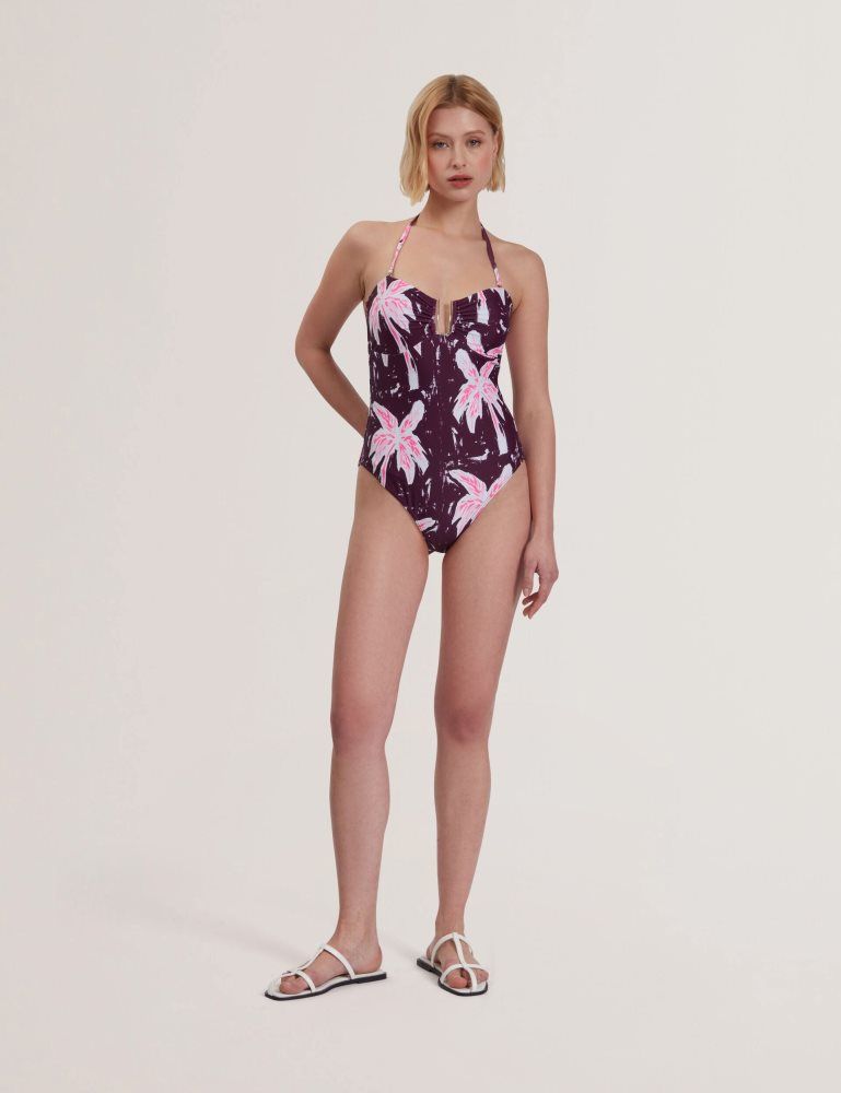 Ted Baker Tuulaa - Floral Print U-bar Detail Swimsuit Bademode Damen Bordeaux | 530928-BHL
