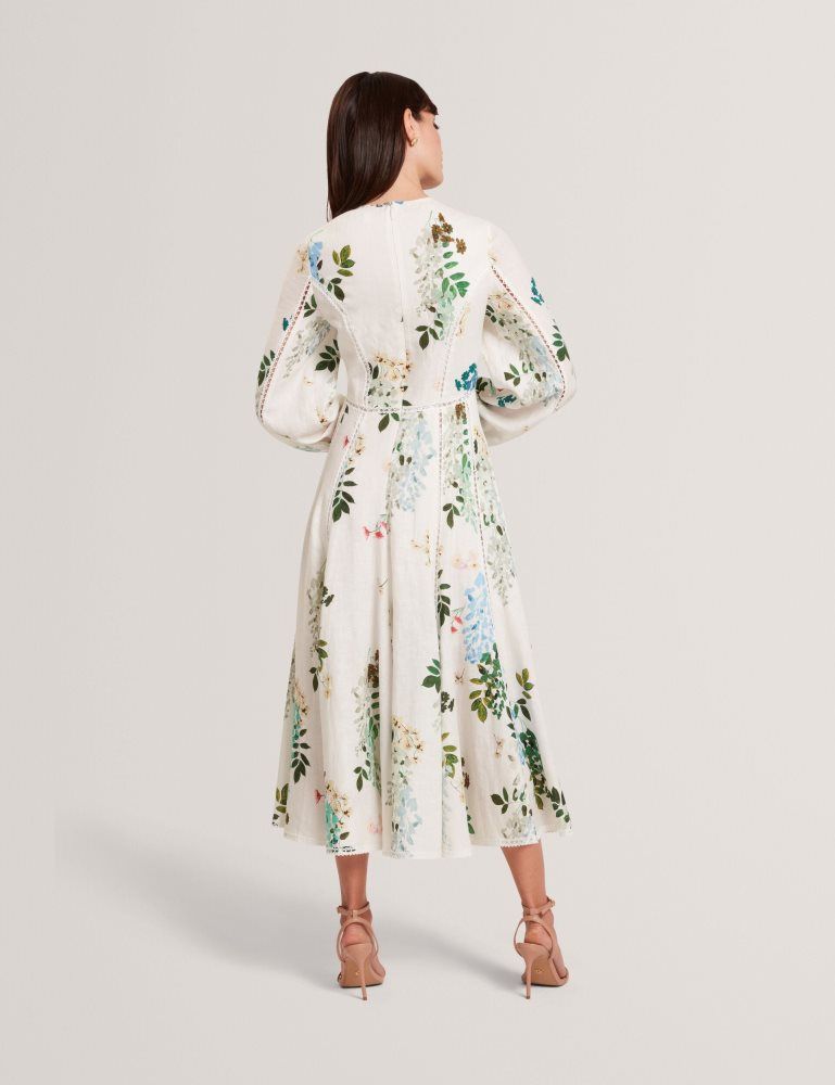 Ted Baker Utala - Floral Crochet Trim Linen Midi Dress Kleid Damen Weiß | 084259-MNX