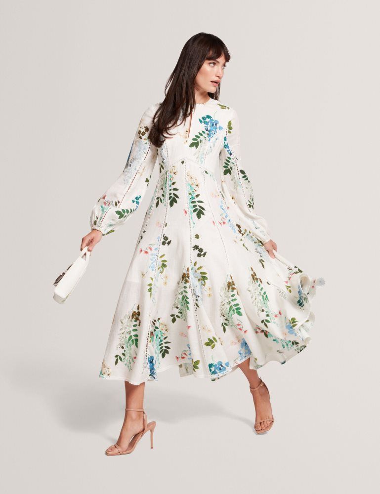 Ted Baker Utala - Floral Crochet Trim Linen Midi Dress Kleid Damen Weiß | 084259-MNX