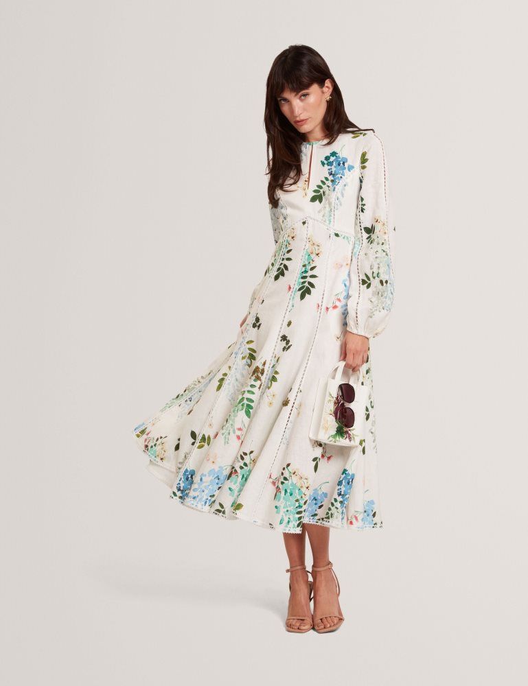 Ted Baker Utala - Floral Crochet Trim Linen Midi Dress Kleid Damen Weiß | 084259-MNX