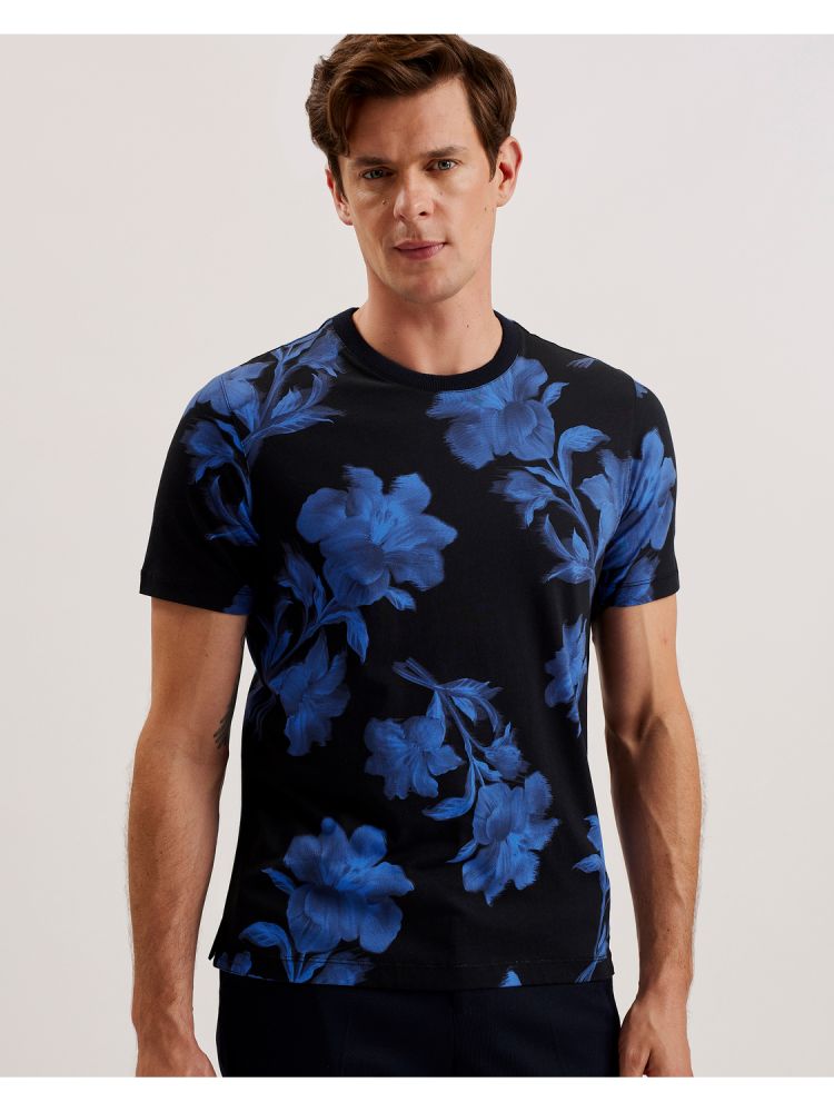 Ted Baker Vendis - Contrast Floral Print Cotton T-shirt Oberteile Herren Navy | 631509-UPY