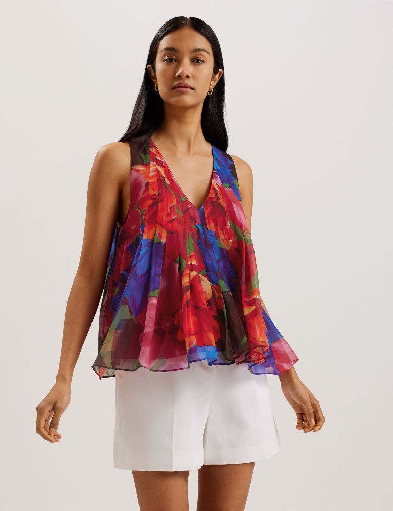 Ted Baker Vernoge - Organza Tropical Bloom V-neck Pleated Top T-shirts Damen Mehrfarbig | 713460-VUT