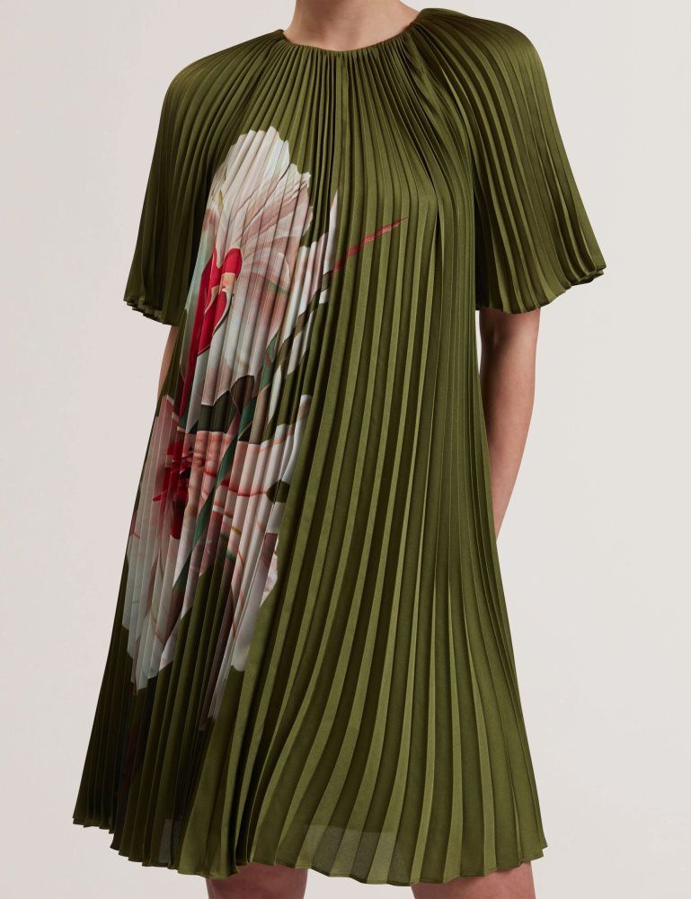 Ted Baker Vinlaa - Floral Graphic Pleated Satin Mini Dress Kleid Damen Grün | 270859-VLE
