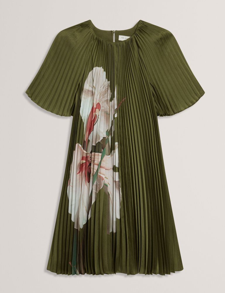 Ted Baker Vinlaa - Floral Graphic Pleated Satin Mini Dress Kleid Damen Grün | 270859-VLE