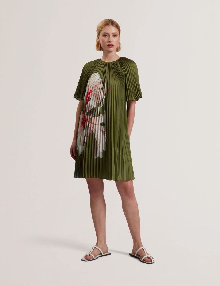 Ted Baker Vinlaa - Floral Graphic Pleated Satin Mini Dress Kleid Damen Grün | 270859-VLE