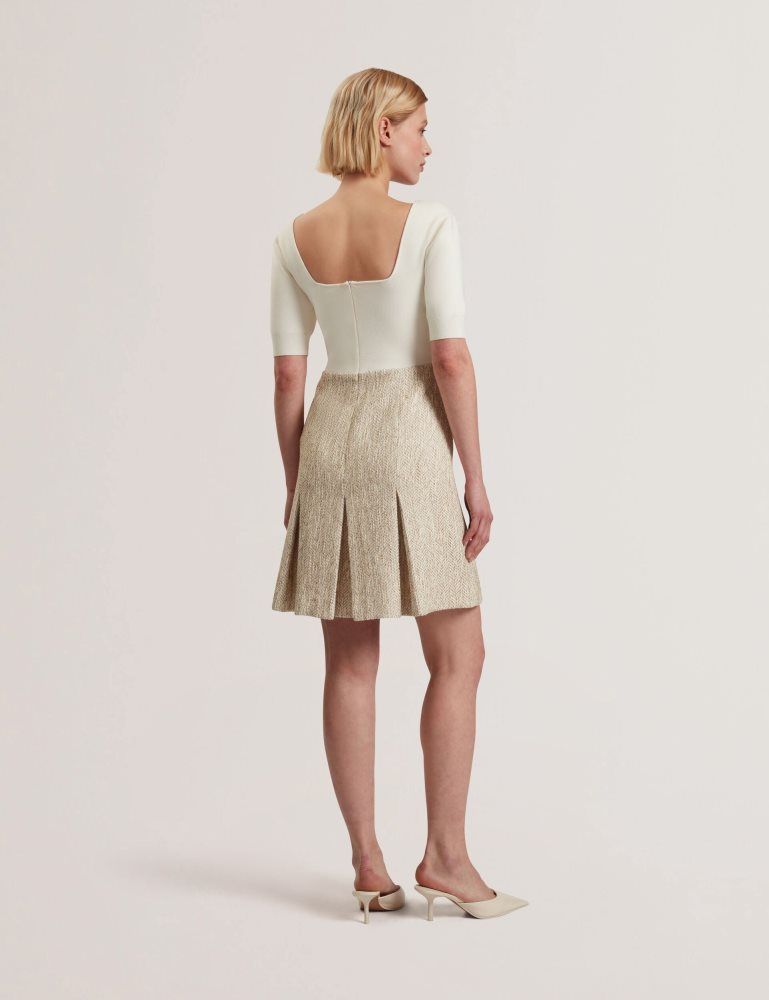 Ted Baker Vulpad - Pleated Boucle Mini Dress With Knit Bodice Kleid Damen Weiß | 871502-LXM