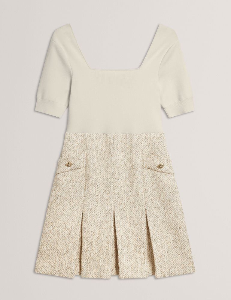 Ted Baker Vulpad - Pleated Boucle Mini Dress With Knit Bodice Kleid Damen Weiß | 871502-LXM