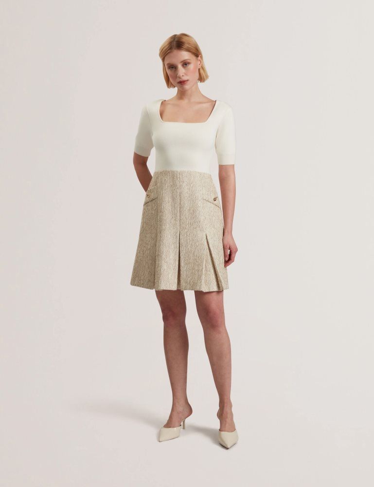 Ted Baker Vulpad - Pleated Boucle Mini Dress With Knit Bodice Kleid Damen Weiß | 871502-LXM