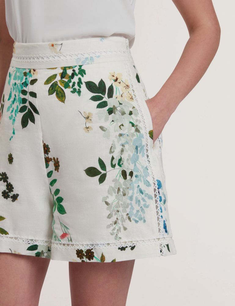 Ted Baker Vylla - Floral High Waist Linen Shorts With Trim Detail Anzüge Damen Weiß | 519427-ZBF