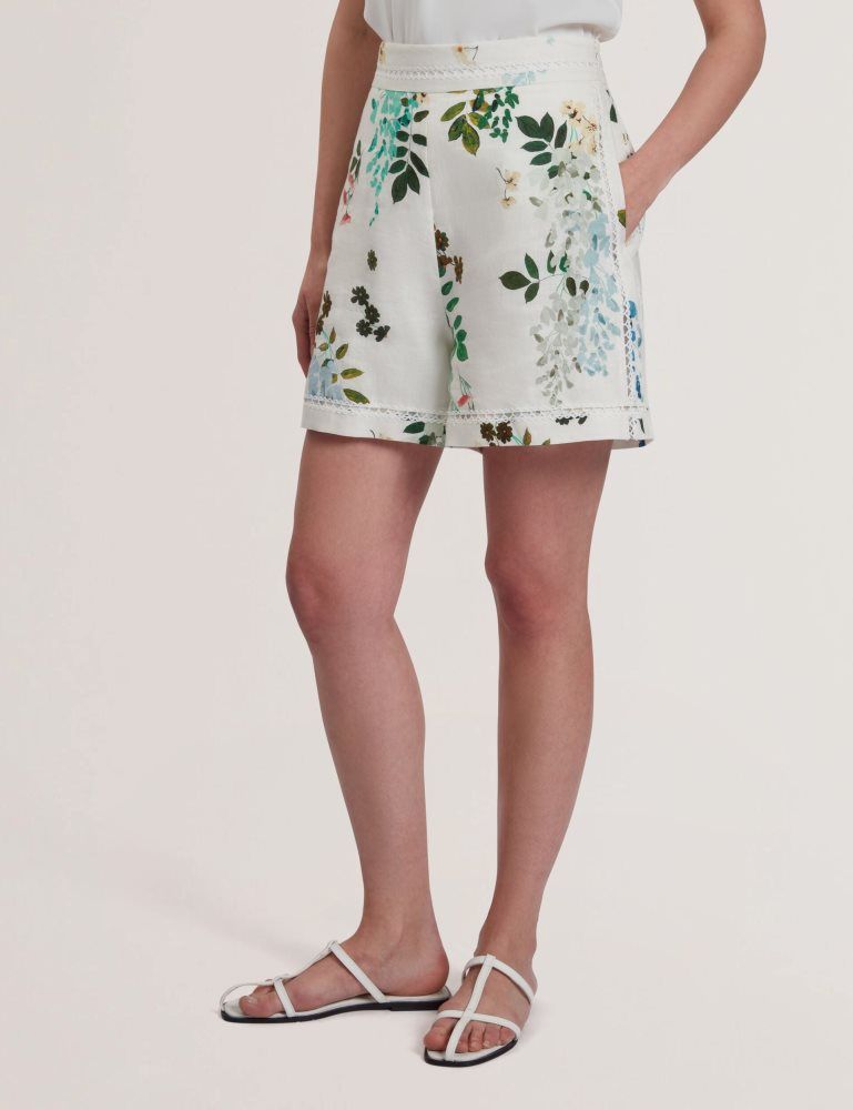 Ted Baker Vylla - Floral High Waist Linen Shorts With Trim Detail Kurze Hose Damen Weiß | 618390-NPU