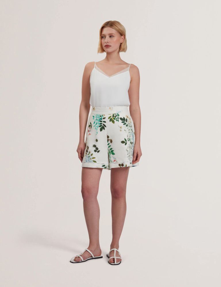 Ted Baker Vylla - Floral High Waist Linen Shorts With Trim Detail Kurze Hose Damen Weiß | 618390-NPU