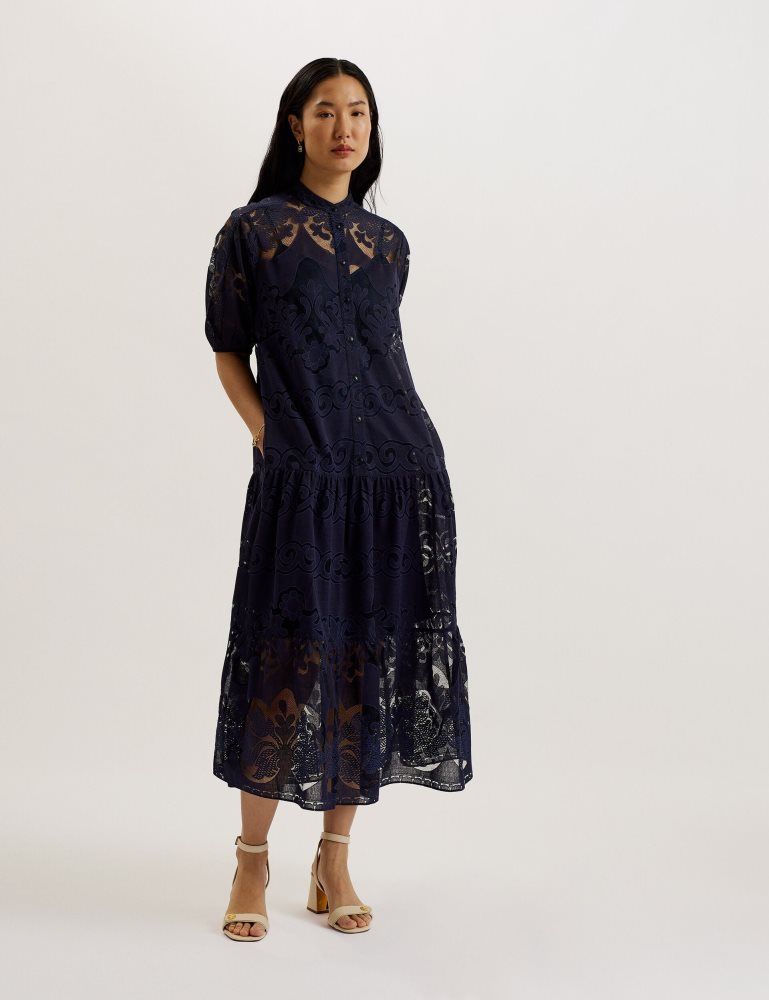 Ted Baker Xativa - Lace Puff Sleeve Midi Shift Dress Kleid Damen Blau | 053267-KJW