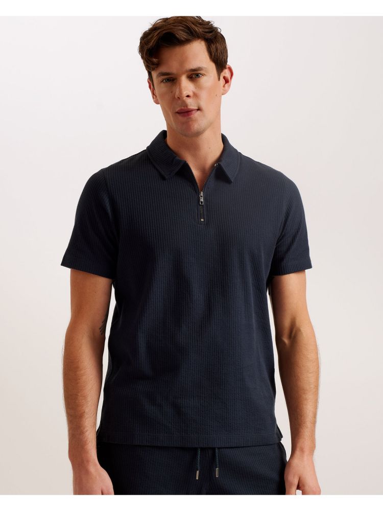 Ted Baker Zarkes - Ribbed Texture Zip Neck Cotton Polo Shirt Oberteile Herren Navy | 521860-YDE