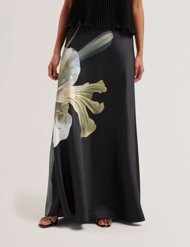 Ted Baker Zionna - Floral Print Detail Satin Maxi Skirt Röcke Damen Schwarz | 157342-KIP